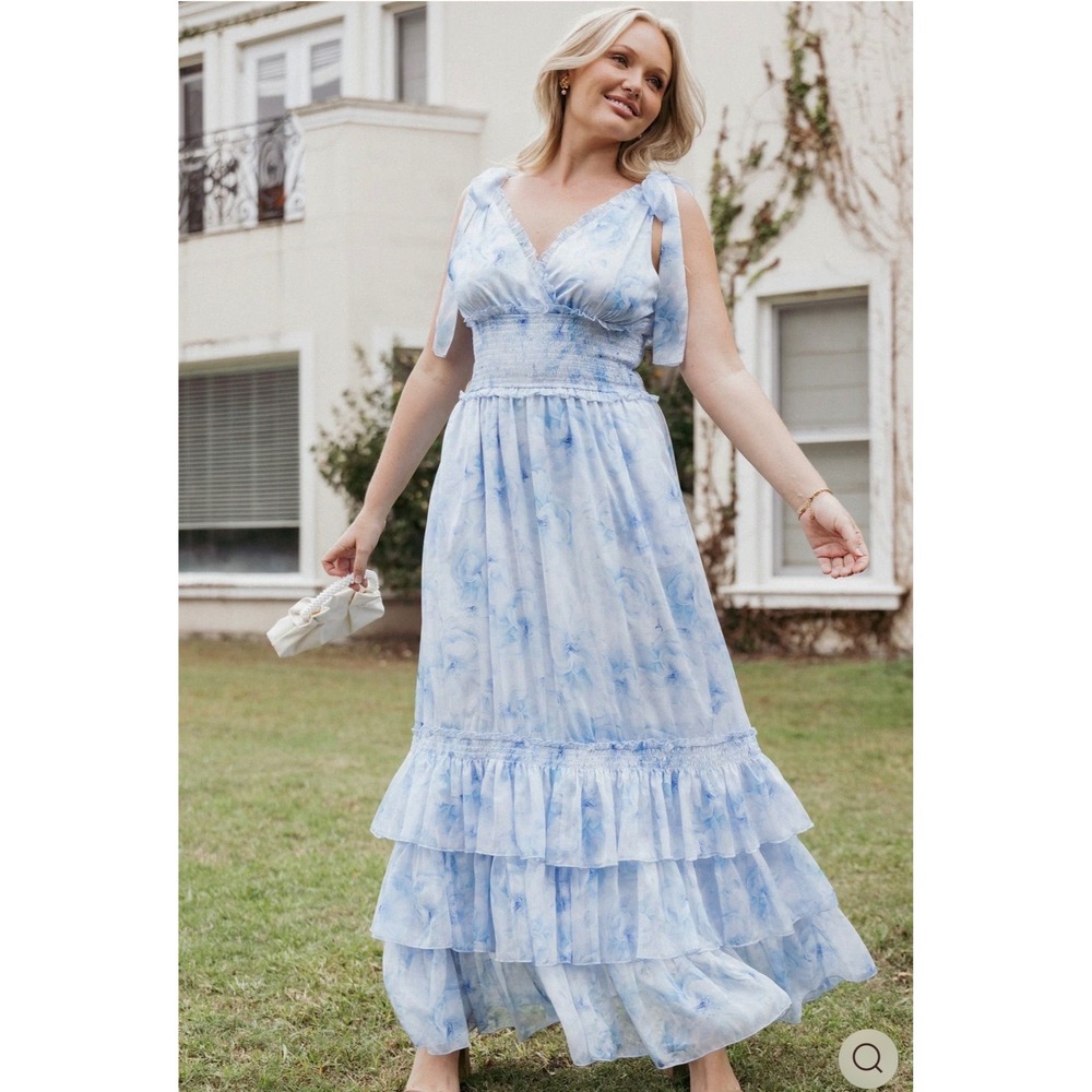 B26 Petal & Pup Fionna Floral Maxi Dress L Blue Flowy Summer Wedding Guest